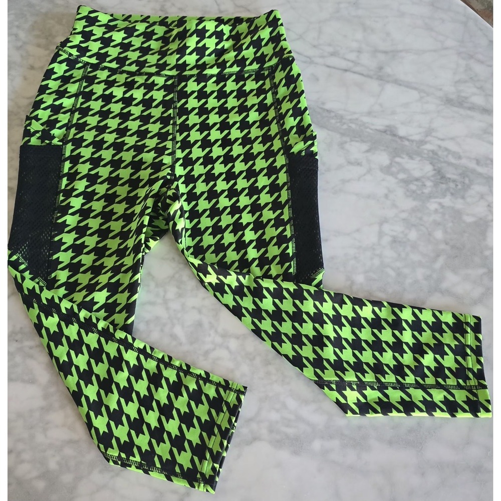 Pop It Capri Leggings Houndstooth Green‎ Black Women's Size Medium Mesh Pockets